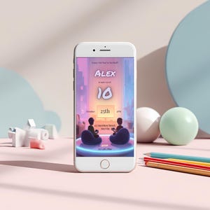 Mobile version of editable gaming birthday invitation displayed on a smartphone screen, 1080 by 1920 pixel digital invite for text and social sharing
