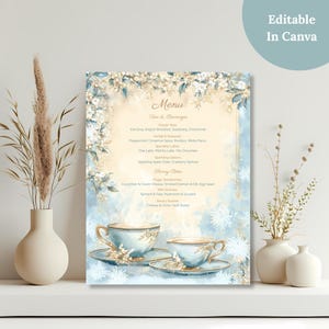 Editable in Canva badge on winter tea party menu template displayed on a shelf with ceramic vases
