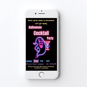 Halloween cocktail party invite mobile version 1080x1920 digital invite send by text or WhatsApp neon ghost editable Canva