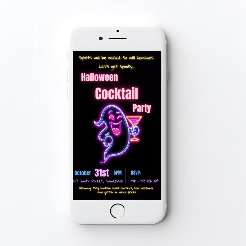 Halloween cocktail party invite mobile version 1080x1920 digital invite send by text or WhatsApp neon ghost editable Canva