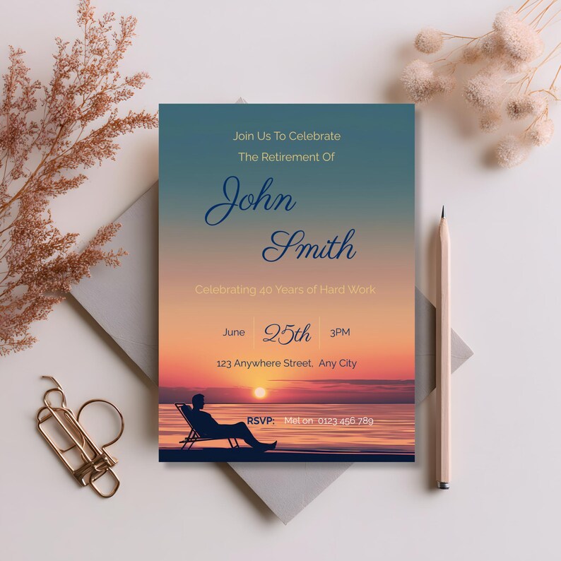 Editable retirement invitation for him on a styled desk flat lay with envelope, pencil and gold paper clips, beach sunset Canva template, printable mens retirement party invite