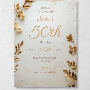 Elegant gold floral 70th birthday invitation with envelope — classy cream botanical design editable in Canva, printable milestone invite for women