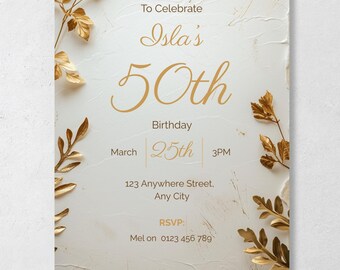 60th Birthday Invitation for Her | Luxury Birthday Invitation Template | Cream Gold Botanical Canva Invite