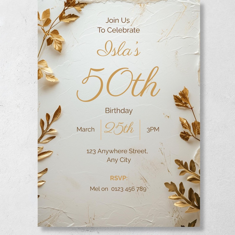 Elegant gold floral 70th birthday invitation with envelope — classy cream botanical design editable in Canva, printable milestone invite for women