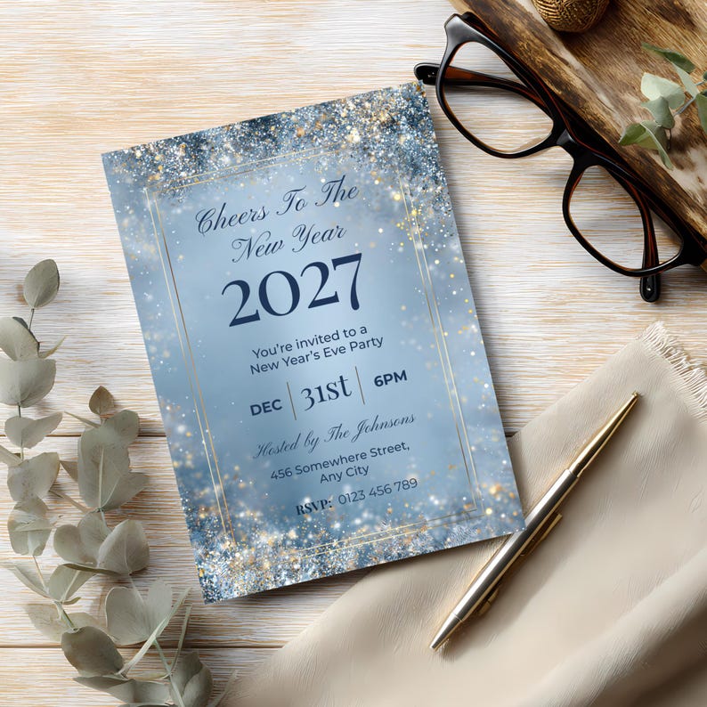 Silver sparkle NYE party invitation on a light wooden table with glasses, a gold pen and eucalyptus
