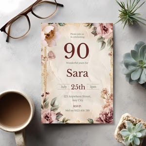 Elegant 90th Birthday Invitation • Editable Vintage Floral Template • Feminine Birthday Invite • Instant Download Printable image 6