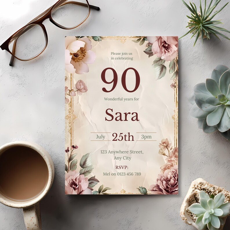 Elegant 90th Birthday Invitation • Editable Vintage Floral Template • Feminine Birthday Invite • Instant Download Printable image 6