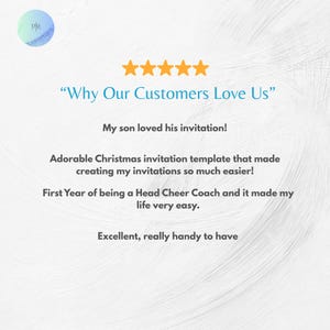 May include: A white background with text and gold stars. The text reads "Why Our Customers Love Us" and includes customer testimonials about an invitation template. The PR logo is in the upper left corner.