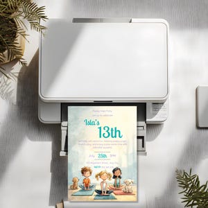 Printed puppy yoga birthday invitation coming out of a printer, 13th birthday party invite template