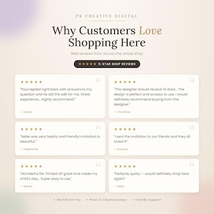 Five-star reviews from PR Creative Digital customers, including a buyer who had her invitation edited for her, praising friendly service and beautiful designs