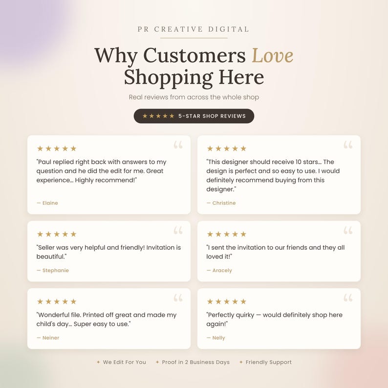 Five-star reviews from PR Creative Digital customers, including a buyer who had her invitation edited for her, praising friendly service and beautiful designs