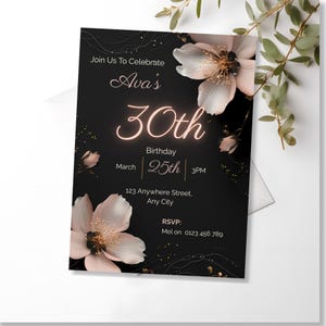 Black and blush floral birthday invitation template with gold neon milestone number, shown with white envelope on clean white background, editable Canva design