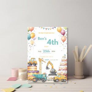 Construction themed birthday invitation with excavator lifting cake layers and dump truck carrying sprinkles