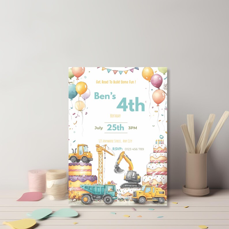 Construction themed birthday invitation with excavator lifting cake layers and dump truck carrying sprinkles