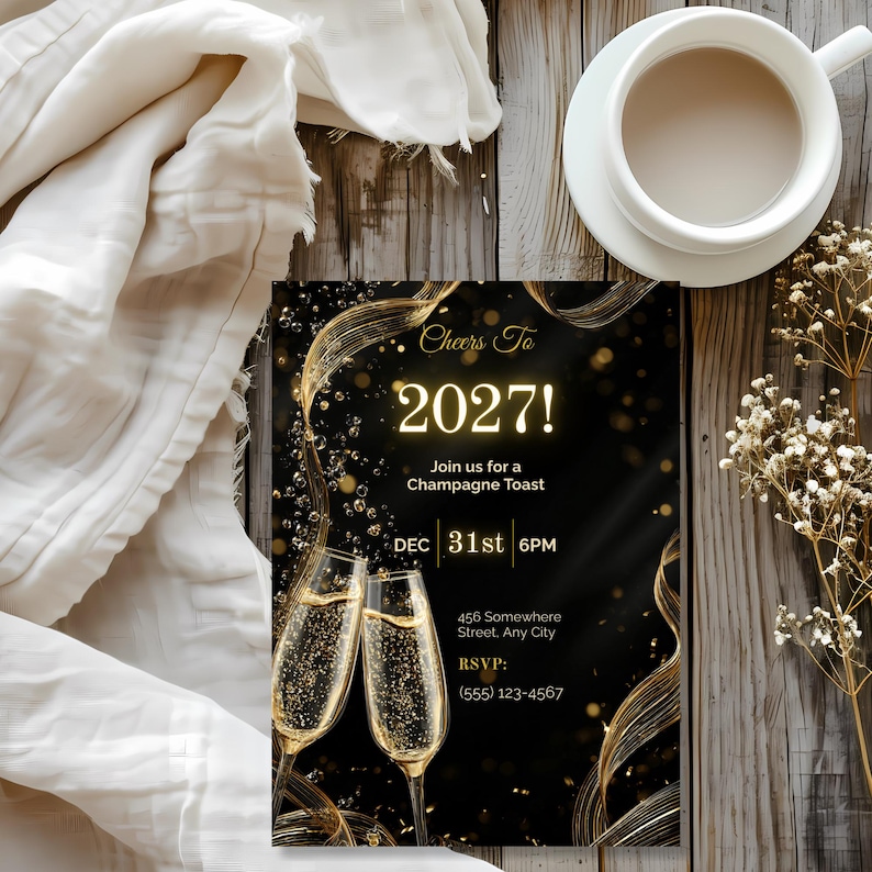 Black and gold NYE party invitation on a rustic wooden table with ivory linen and coffee