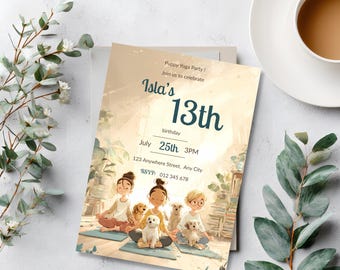 Puppy Yoga Birthday Invitation, 13th Birthday Invite Template, Editable Canva Party Invite, Teen Girl Aesthetic Printable | 2 Designs