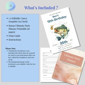 Infographic showing what's included with the editable fishing birthday invitation: one 5x7 inch Canva template, free 18-page party planner printable, print guide, and instructions