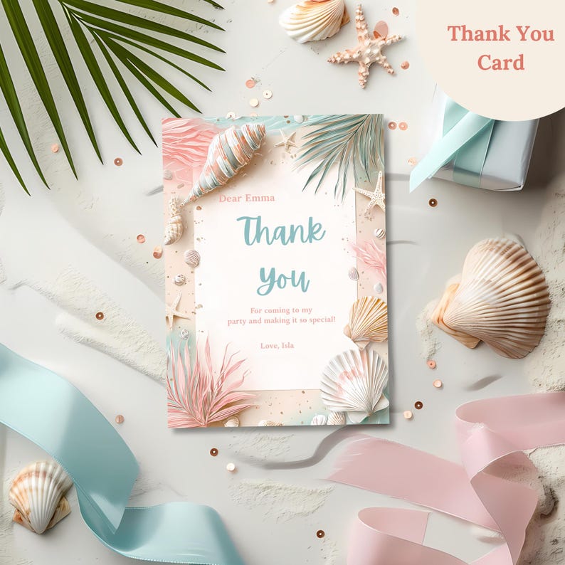 May include: A beach-themed thank you card with the words "Thank You" in teal script. The card is decorated with seashells, starfish, and palm fronds. Pink and blue ribbons and a small gift box add to the coastal aesthetic.