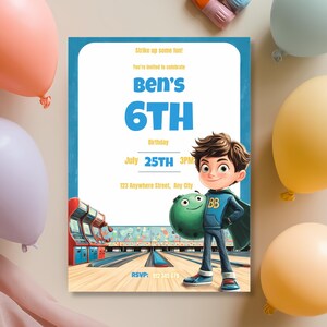 Bowling and arcade birthday invitation for boy with superhero birthday boy character holding green bowling ball vibrant party invite template