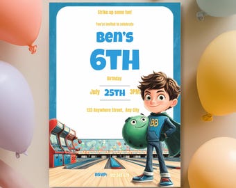 6th Birthday Invite Boy Bowling and Arcade, Editable Canva Invitation, Superhero Bowling Party Invite, Printable Birthday Template