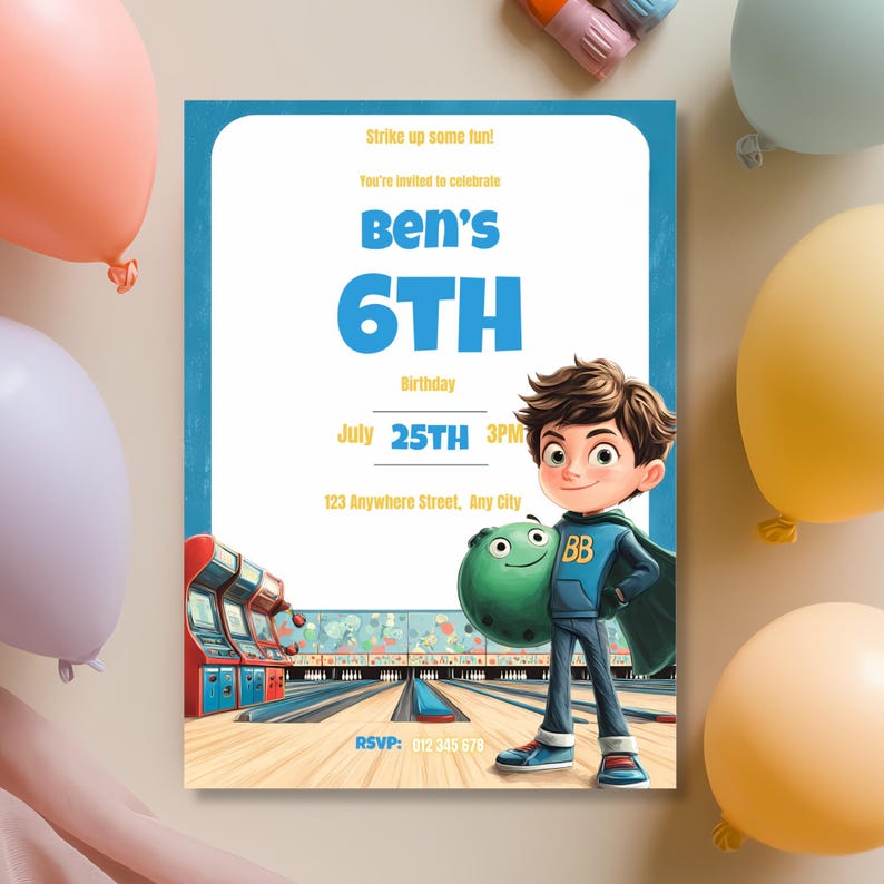 Bowling and arcade birthday invitation for boy with superhero birthday boy character holding green bowling ball vibrant party invite template