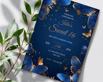 Butterfly Invitation Sweet 16 Royal Blue, Elegant Butterfly Birthday Invite, Editable Canva Template, Personalized Teen Party Printable