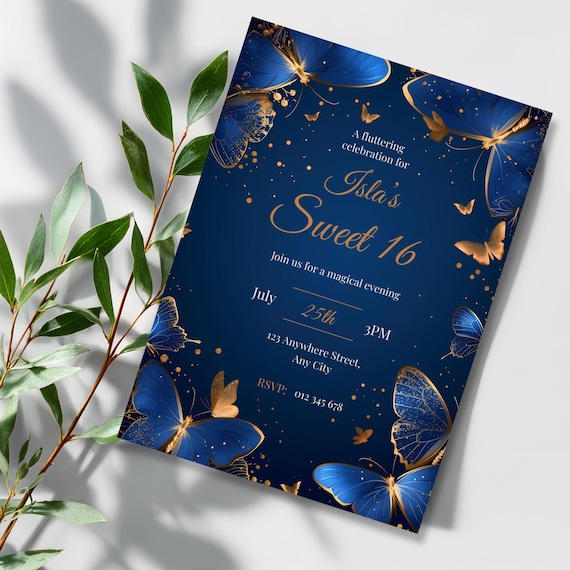 Royal Blue Butterfly Sweet 16 Invitation