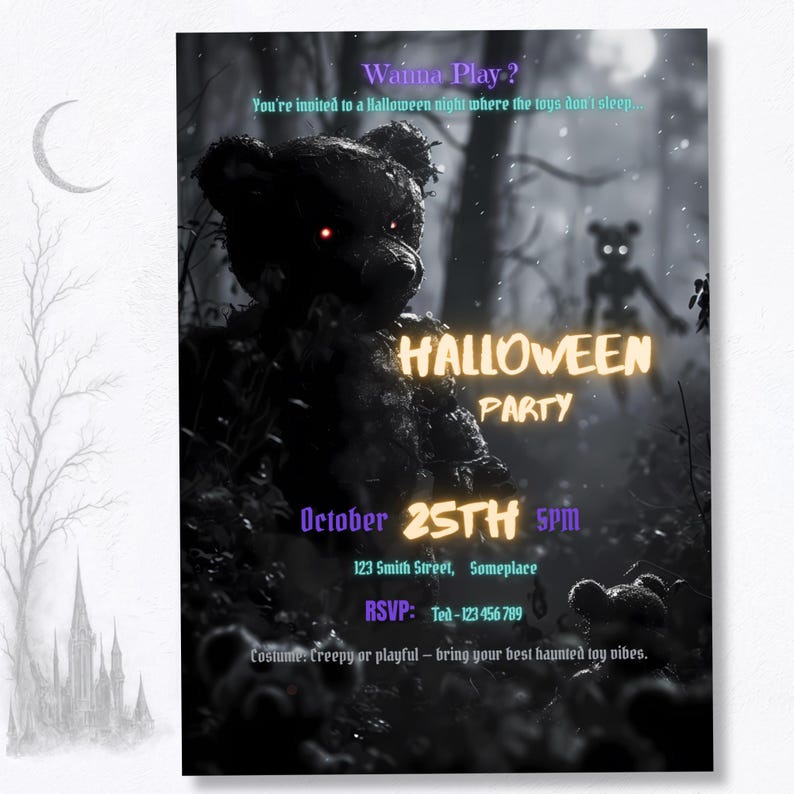 Gothic Halloween party invitation flat lay — haunted toy horror design with creepy bear and foggy dark forest, editable Canva template