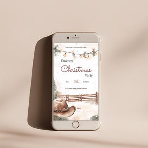 Cowboy Christmas party invitation displayed on a smartphone screen in mobile size format for texting or sharing digitally