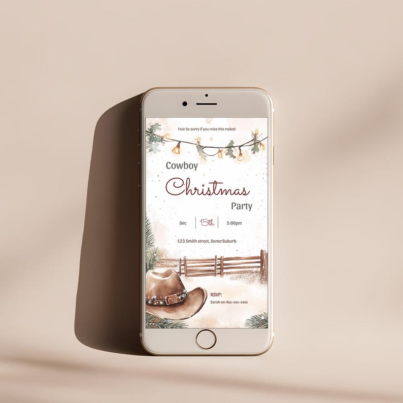 Cowboy Christmas party invitation displayed on a smartphone screen in mobile size format for texting or sharing digitally