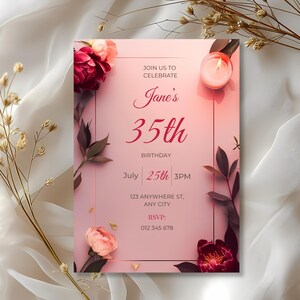 Minimalist birthday invitation with geometric frame and floral border, elegant pink and red design for classy women’s party