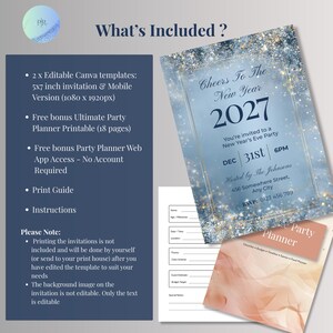 What’s included: editable 5x7 NYE invitation, 1080x1920 mobile version, free bonus 18-page printable party planner, print guide and instructions