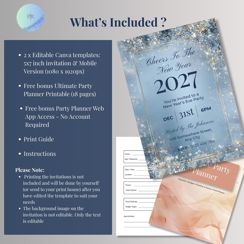 What’s included: editable 5x7 NYE invitation, 1080x1920 mobile version, free bonus 18-page printable party planner, print guide and instructions