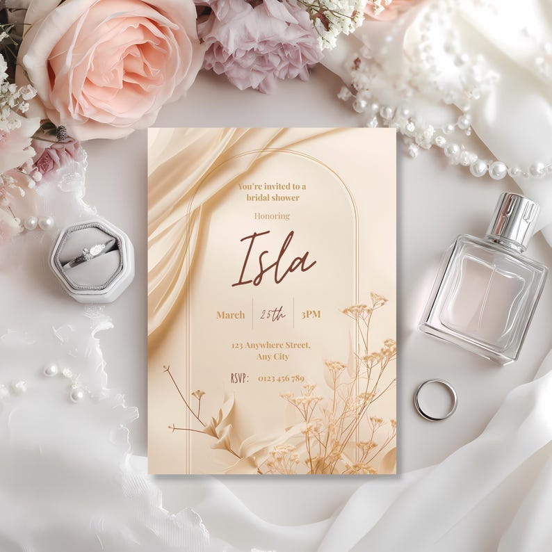 Classy minimalist bridal shower invitation in neutral tones, elegant Canva editable template 5x7