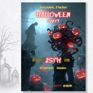 Scary Halloween party invite template, dark Medusa graveyard artwork, editable Canva digital download for adult costume party