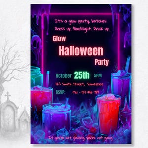 Adult halloween glow party invitation printable canva template gothic graveyard neon editable invite