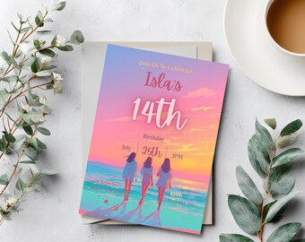 Teen Girl Beach Birthday Invitation | Beach Party Invite | Coastal Sunset Invite | Editable Canva Template