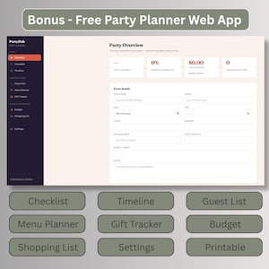 Screenshot of the free bonus digital party planner web app dashboard showing party overview, checklist, timeline, guest list, budget, and shopping list tools