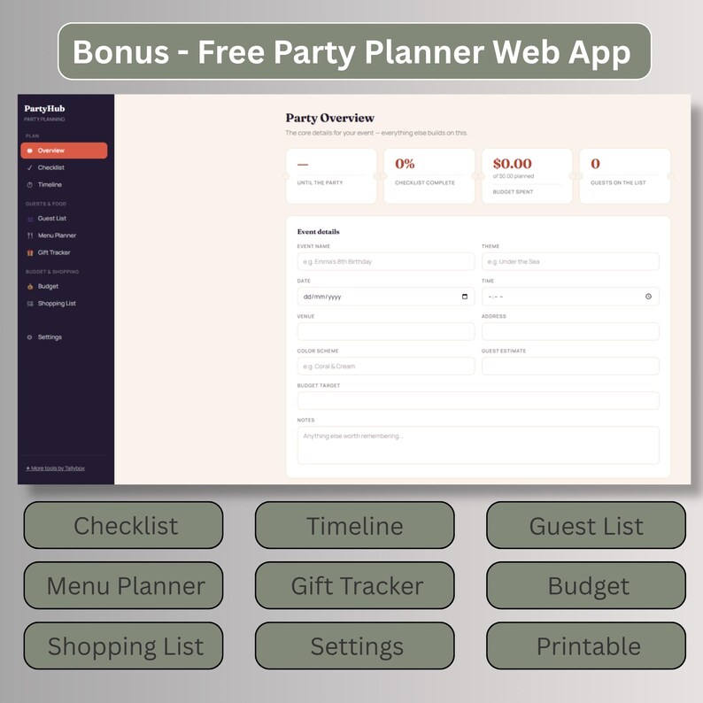 Screenshot of the free bonus digital party planner web app dashboard showing party overview, checklist, timeline, guest list, budget, and shopping list tools