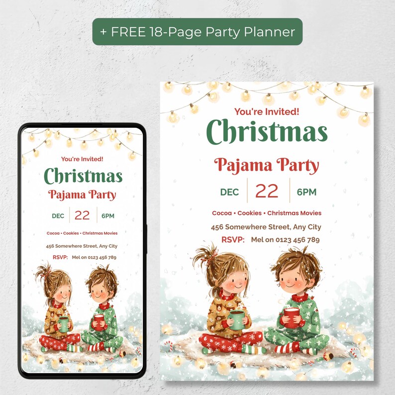 Christmas pajama party invitation shown as a phone evite and a 5x7 printable card, so you can text it to guests or print it, with a free 18-page party planner