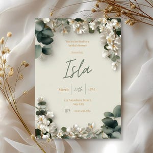 Clean minimalist bridal shower invitation with white florals and greenery, editable Canva template
