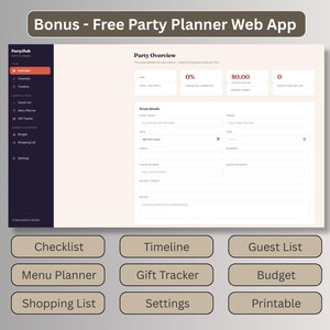 Free digital party planner web app bonus with checklist, timeline, guest list, and budget tools