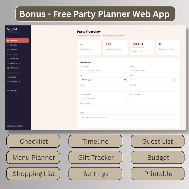Free digital party planner web app bonus with checklist, timeline, guest list, and budget tools