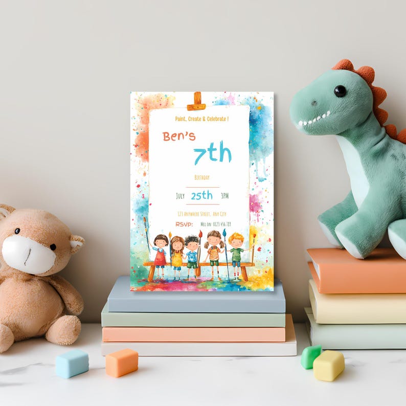 Creative paint party invitation for kids, whimsical watercolor design, fun editable invite
