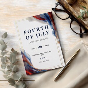 Printable and digital Fourth of July Canva invitation template with modern editorial style and customizable event details