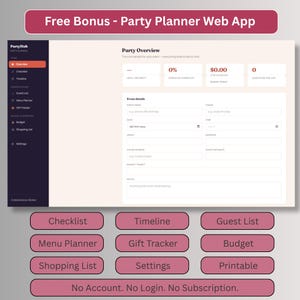 Free party planner web app with checklist, timeline, guest list, menu planner, gift tracker, budget and shopping list. No account or login needed.