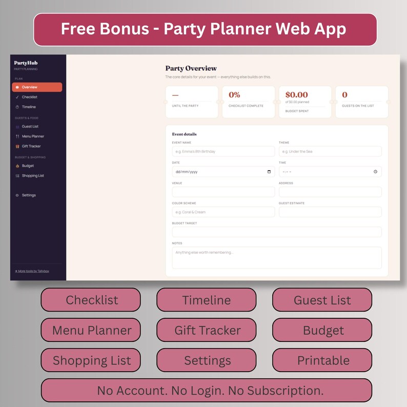 Free party planner web app with checklist, timeline, guest list, menu planner, gift tracker, budget and shopping list. No account or login needed.