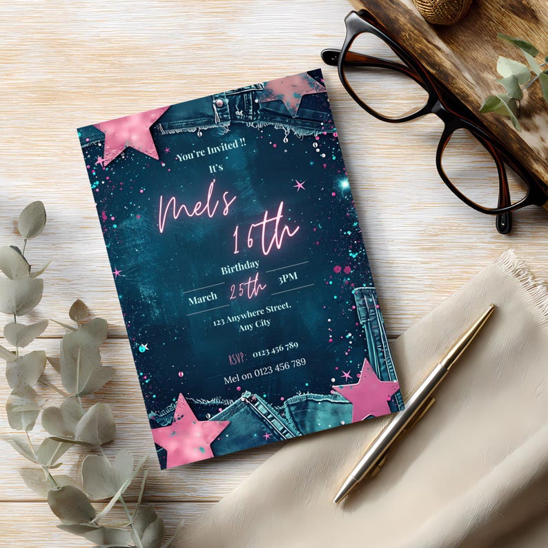 Denim and Diamonds Sweet 16 birthday invitation, editable Canva template, digital party invite