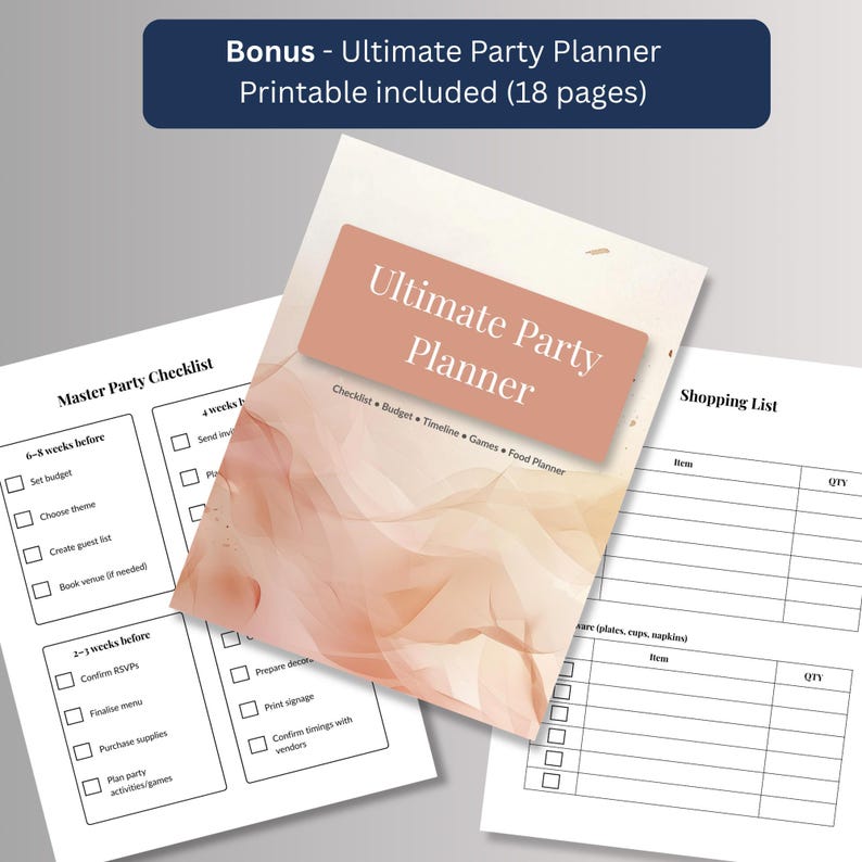Free bonus 18-page printable party planner with master party checklist, shopping list and cover page, included with the New Years Eve invitation