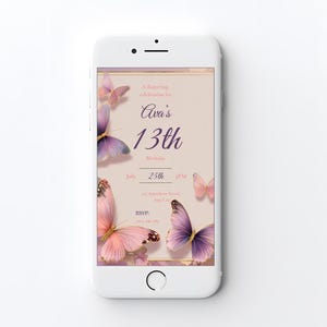 Elegant pink and lavender floral birthday invite with 3D butterflies for Sweet 16 or girls party